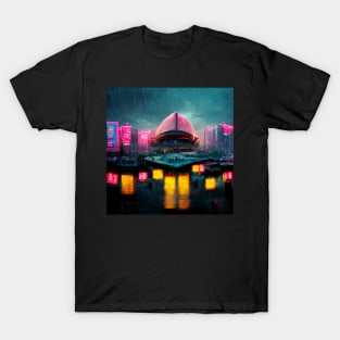 Neon District - Cyberpunk Cityscape Operahouse T-Shirt